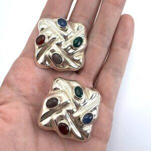 Sterling Silver 925 Multicolor Gemstone Puffed Clip On Earrings 1.25" Length